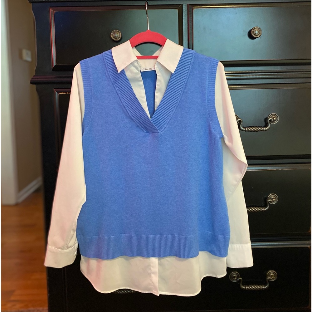 Blue V-Neck Sweater Vest Layered Over White Shirt - Women's Top